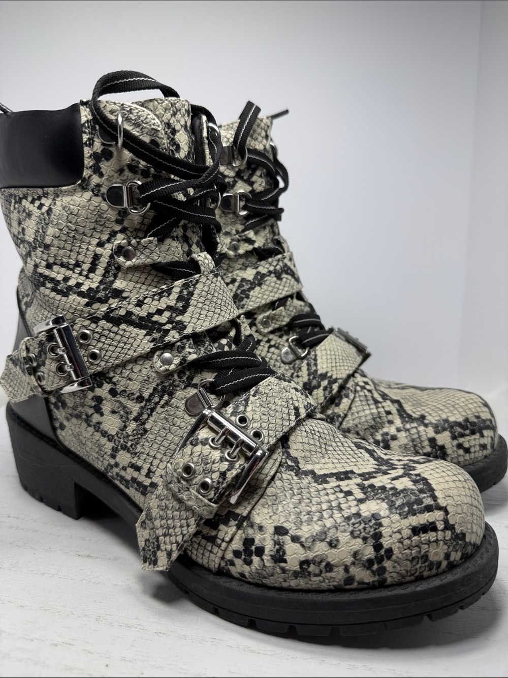 Qupid Snake-Print Lace & Buckle Combat Boots - Black & Cream
